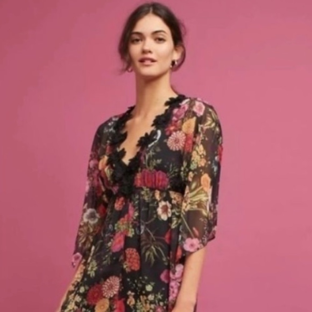 FARM Rio Black Sheer Floral Maxi Dress with Pink and Orange Blooms